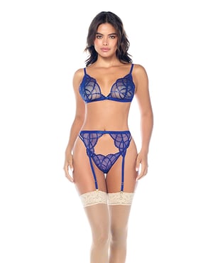 Lace Bralette w/G-String & Garter 3 pc Set – Sapphire Blue L/XL by Mapale product image