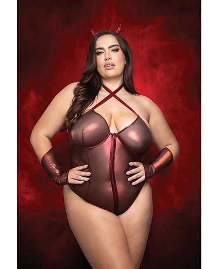 Raising Hell Front Zip Halter Teddy w/Fingerless Gloves & Headband 3 pc Set – Red 1X/2X by Play by Fantasy Lingerie product image