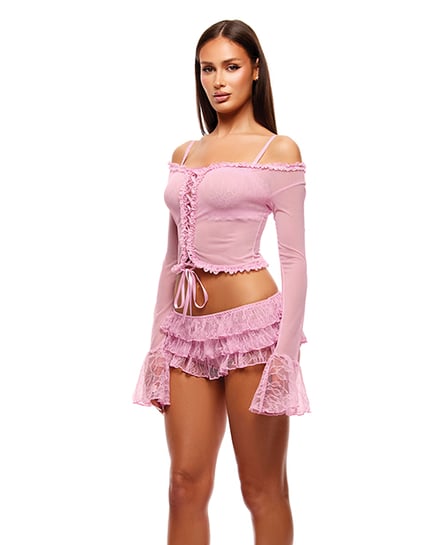 Soft Girl Era Sheer Mesh & Lace Bralette & Shorts – Light Pink SM by Forplay product image