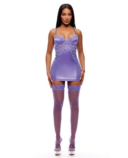 See It Through Guipure Lace Chemise w/Thong & Stockings – Purple LG by Forplay product image