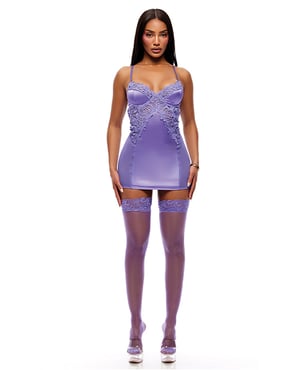 See It Through Guipure Lace Chemise w/Thong & Stockings – Purple MD by Forplay product image