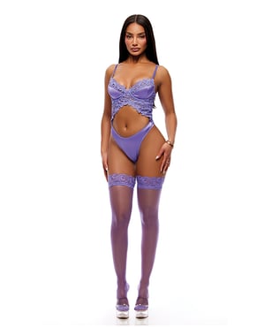 See It Through Guipure Teddy Set w/Stockings – Purple XL by Forplay product image