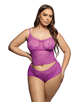 Lacy Lounger Floral Lace Camisole w/Matching Shorts – Fuchsia 1X/2X by Roma Confidential product image
