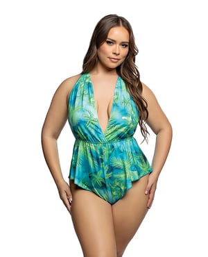 Tropical Dream Romper w/Jungle Print, Flared Leg Opening, & Cheeky Back – Green/Blue 1X/2X by Roma Confidential product image