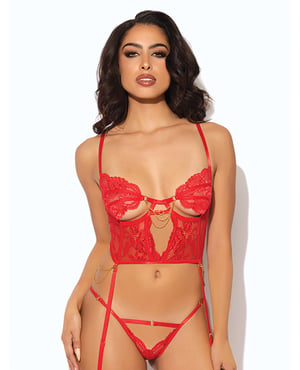 Cecily Lace & Mesh Bustier w/Thong & Garter Straps – Red MD by House of Desire product image