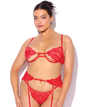 Cecily Lace Cut-Out Bra & Thong w/Garter Straps – Red 1X/2X by House of Desire product image