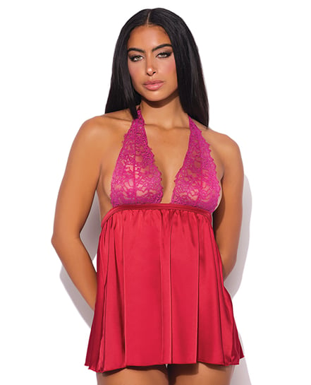 Jocelyn Lace & Satin Halter Mini Babydoll Dress w/Thong – Raspberry XL by House of Desire product image