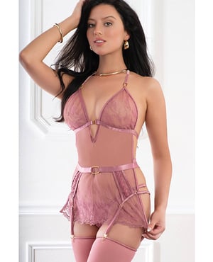 Sheer Lace Apron Style Babydoll, Garters, Open Back Panty & Stockings – Dusty Rose O/S by G World product image
