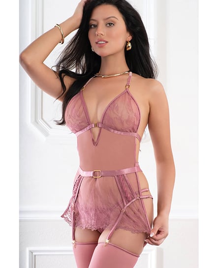 Sheer Lace Apron Style Babydoll, Garters, Open Back Panty & Stockings – Dusty Rose O/S by G World product image