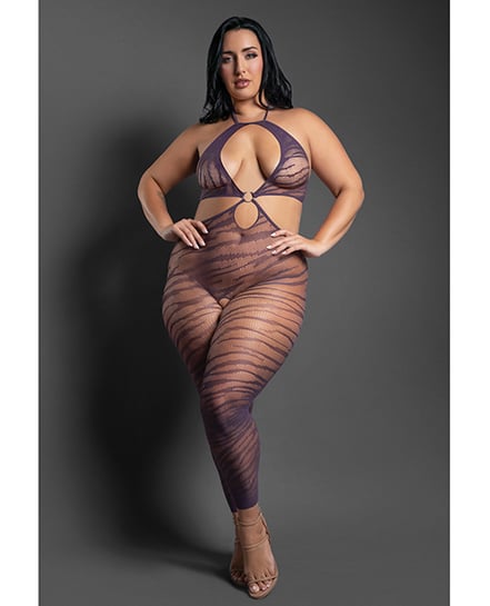 Sheer Set Me Free Mesh Body Stocking w/Zebra Pattern & Open Crotch – Purple QN by Sheer by Fantasy product image