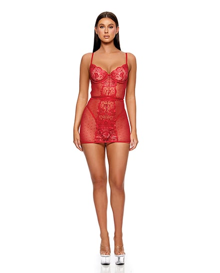 La Vie En Rose Metallic Embroidered Chemise, Panty & Belt 3 pc Set – Red XL by Forplay product image