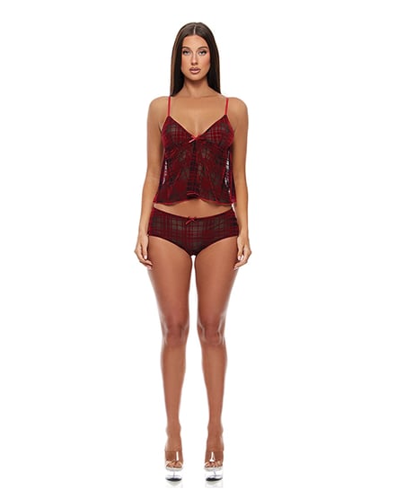 Velvet Lines Mesh Cami & Boy Short 2 pc Set – Red/Black MD by Forplay product image