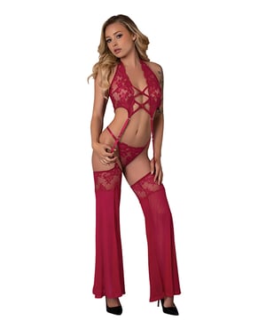 Black Cherry Plunge Top w/Removable Chaps & Cheeky Panty Set – Red S/M by Exposed product image