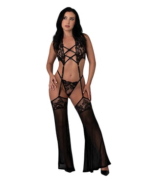 Black Cherry Plunge Top w/Removable Chaps & Cheeky Panty Set – Black S/M by Exposed product image