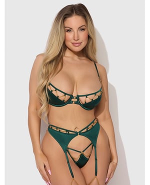 Evangeline Satin & Chain Push Up Bra, Thigh Garter Belt & G-String Set – Green SM – Green Small by House of Desire product image