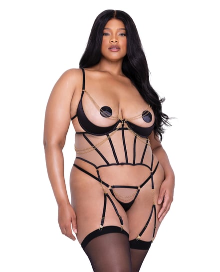 Caged Temptress Satin & Tulle Bustier w/Draped Chain Detail & Thong Black LG – Black 1X by Roma Confidential product image