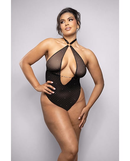 Rhinestone Mesh Halter Teddy w/Jeweled Center Strap – Black 1X/2X by Fantasy Lingerie product image