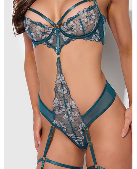 Nova Lace Teddy w/Garters - Jade Blue MD - Teal Large