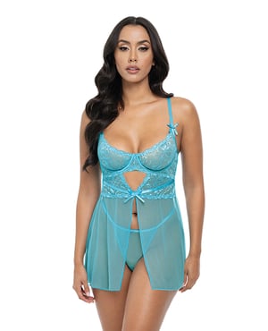 Emma Floral Lace & Mesh Underwire Babydoll w/G-String 2 pc Set – Beach Blue LG – Blue Large by Oh la la Cheri product image