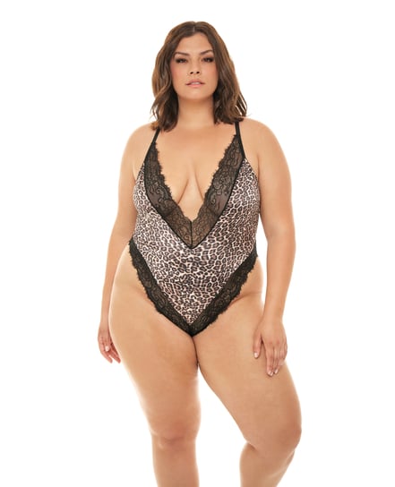 Jolene Satin Teddy w/Plunging Neckline Leopard/Black 3X/4X by Oh la la Cheri product image