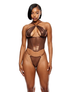 Liquid Metal Metallic Mesh Bustier w/G-String 2 pc Set – Metallic Copper LG by Forplay product image