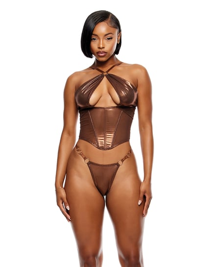 Liquid Metal Metallic Mesh Bustier w/G-String 2 pc Set – Metallic Copper LG by Forplay product image