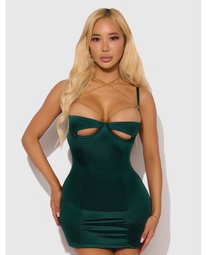 Evangeline Satin & Chain Open Cup & Back Chemise & G-String Set – Green LG by House of Desire product image