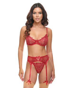 Mariah Embroidered Lace and Mesh Underwire Bra w/Garter & G-String 3 pc Set – Burgundy LG – Burgundy XL by Oh la la Cheri product image