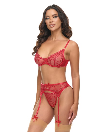 Mariah Embroidered Lace and Mesh Underwire Bra w/Garter & G-String 3 pc Set - Burgundy LG - Burgundy Large