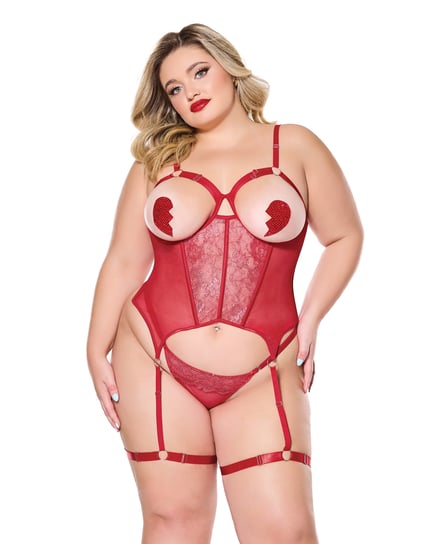 Metallic Stretch Scallop Lace and Mesh Bustier w/Thong – Red LG – Red 1X, 2X by Coquette product image