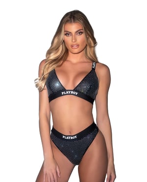 Playboy Disco Fever Rhinestone Bralette w/Thong 2 pc Set – Black LG – Black Large by Playboy by Roma product image