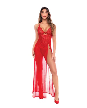 Dotted Lace & Mesh Maxi Dress w/High Side Slit & Thong – Red Large, XLarge by Mapale product image