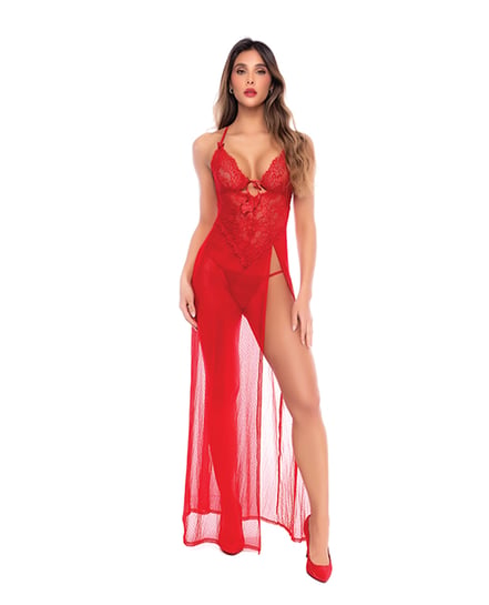 Dotted Lace & Mesh Maxi Dress w/High Side Slit & Thong – Red Large, XLarge by Mapale product image