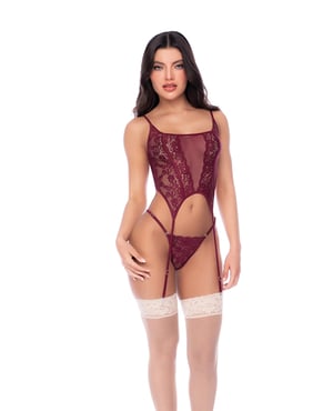 Sheer Lace & Mesh Top w/Attached Garter Straps & Thong 2 pc Set – Burgundy Large, XLarge by Mapale product image