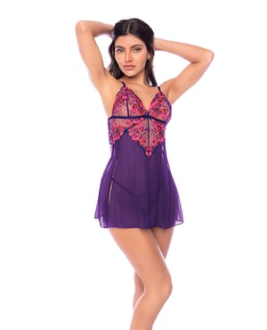 Floral Embroidered Mesh Babydoll w/Thong 2 pc Set – Orchid – Fuchsia Large, XLarge by Mapale product image