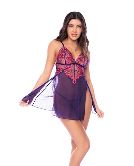 Floral Embroidered Mesh Babydoll w/Thong 2 pc Set - Orchid - Fuchsia Large, XLarge