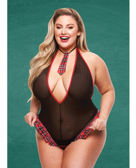 Teacher’s Pet Schoolgirl See Thru Crotchless Teddy w/Tie Black/Red – Black/Red One Size Queen by Teacher's Pet product image