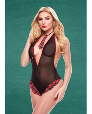 Teacher’s Pet Schoolgirl See Thru Crotchless Teddy w/Tie Black/Red – Black/Red Small, Medium by Teacher's Pet product image