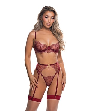 Beaded Belle Metallic Embroidered w/Bead Lace Top, Thong & Garter 3 pc Set – Red LG – Red Large by Roma Confidential product image