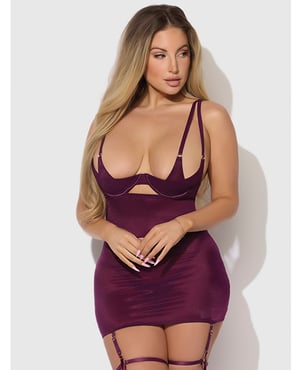 Yasmine Shimmer Mesh O-Ring Thigh Garter Chemise & G-String Set – Burgundy SM – Burgundy 1X, 2X by House of Desire product image