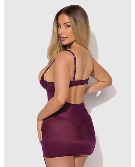 Yasmine Shimmer Mesh O-Ring Thigh Garter Chemise & G-String Set - Burgundy SM - Burgundy XL