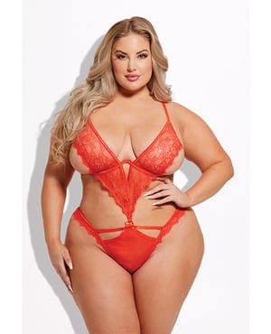 Nadia Lace & Mesh Cutout Teddy – Grenadine Dark – Orange 1X, 2X by House of Desire product image