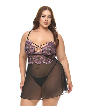 Adela Embroidered Boned Lace and Mesh Babydoll w/G-String 2 pc Set – Black/Pink 2X by Oh la la Cheri product image
