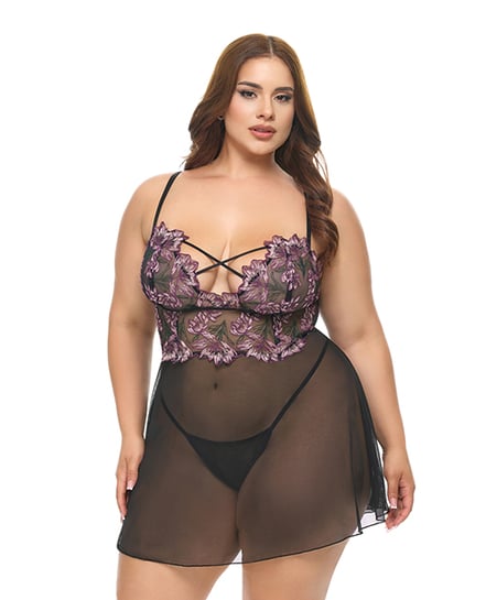 Adela Embroidered Boned Lace and Mesh Babydoll w/G-String 2 pc Set – Black/Pink 1X by Oh la la Cheri product image