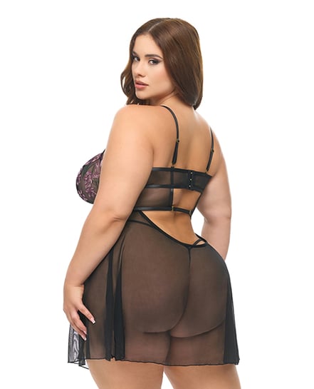 Adela Embroidered Boned Lace and Mesh Babydoll w/G-String 2 pc Set - Black/Pink 1X