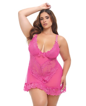 Valentine Lace Babydoll w/Bows & G-String – Rose SM – Rose 1X, 2X by Oh la la Cheri product image