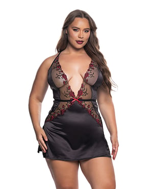 Blossom Beauty Embroidered Rose Lace Babydoll – Black/Red SM – Black/Red 2X by Roma Confidential product image