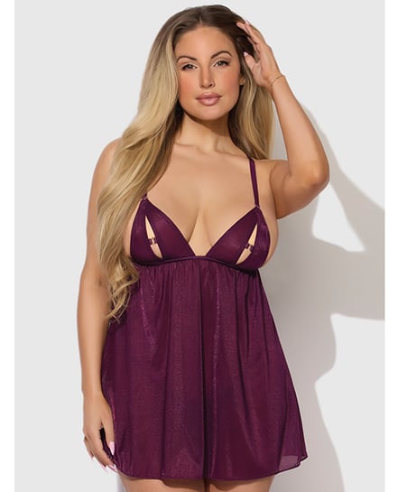 Yasmine Shimmer Mesh O-Ring Slit Cup Babydoll & G-String Set – Burgundy SM by House of Desire product image