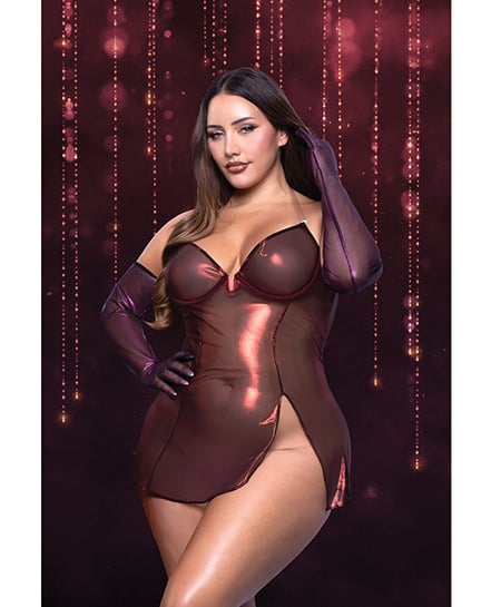 Hollywood Scarlet Shimmer Dress w/Lace Up Back & Gloves – Red 1X, 2X by Fantasy Lingerie product image