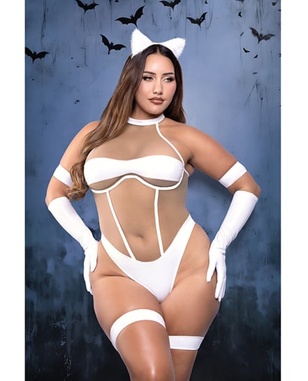 Midnight Purr Sheer Nude Mesh Teddy w/Glove, Armbands, Garters, & Cat Ears – White 1X, 2X by Fantasy Lingerie product image